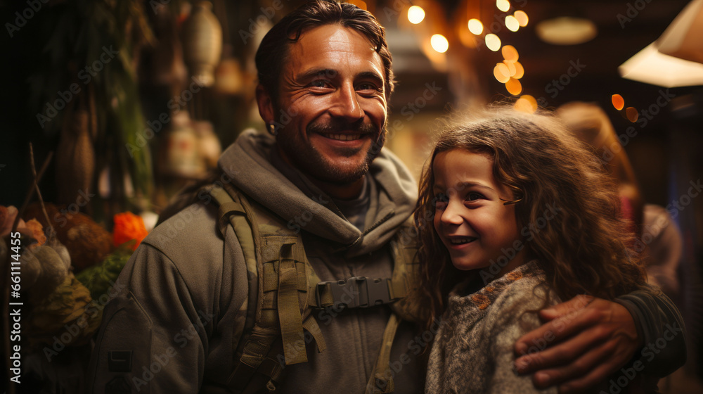 Father in full military uniform He was hugging his daughter to say goodbye to go on a mission Father in full military uniform He was hugging his daughter to say goodbye to go on a mission