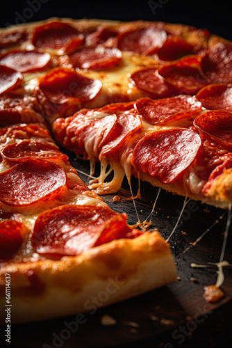 Obraz na płótnie Close-up food photography of a greasy pizza with pepperoni and cheese w salonie
