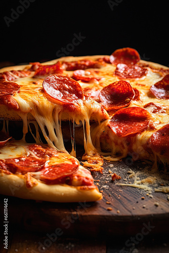 Close-up food photography of a greasy pizza with pepperoni and cheese