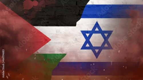 flags of Palestine and Israel painted on cracked wall