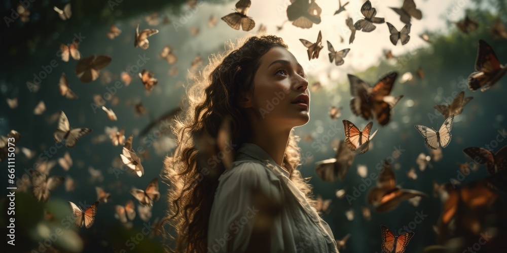 A whimsical image featuring a lone woman surrounded by a flurry of butterflies. This enchanting scene evokes feelings of freedom, transformation, and the magic of nature. - obrazy, fototapety, plakaty 