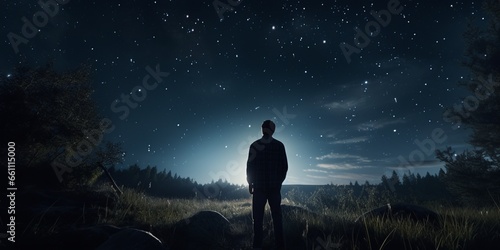 Lone man stands under a starry night sky, immersed in cosmic wonder and solitude.