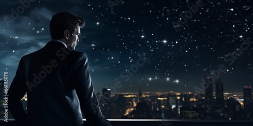  A captivating image of a lone businessman perched at a high vantage point, gazing at a building against a backdrop of a starry night sky. Ideal for illustrating themes of ambition, contemplation, and
