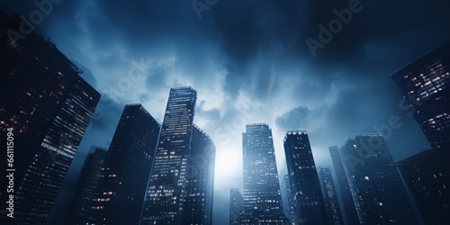 A striking image featuring towering buildings set against a dark night sky. The illuminated skyscrapers contrast sharply with the inky backdrop  perfect for themes related to urban life  progress  ...