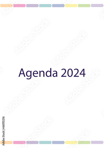 Agenda 2024 en Español tamaño A4 vertical. 65 páginas, tapa contratapa, horarios, gastos, listas de compras, 7 días por hoja y notas.
