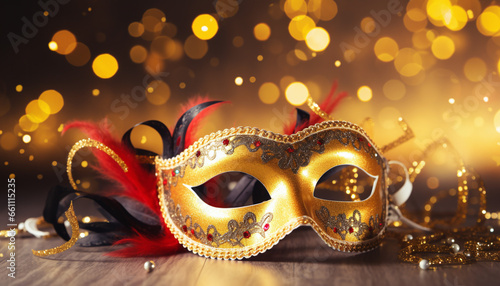 A banner featuring Venetian carnival celebration masks, set against a backdrop of soft, defocused bokeh lights, creating a captivating and festive ambiance.