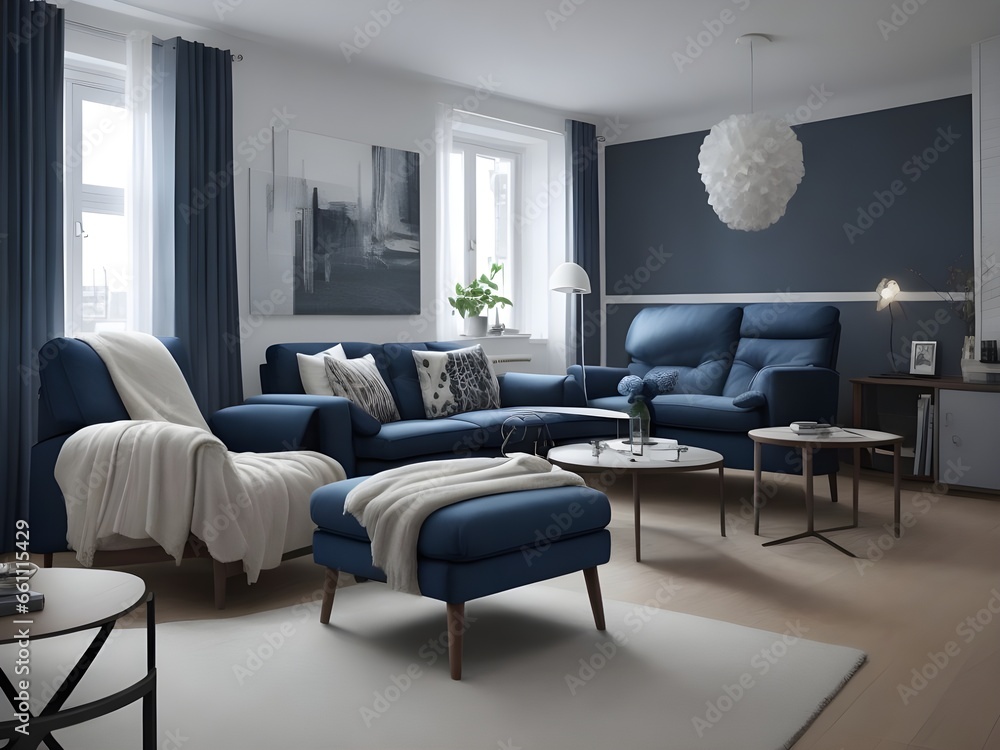 Blue sofa in scandinavian apartment. Interior design of modern living room