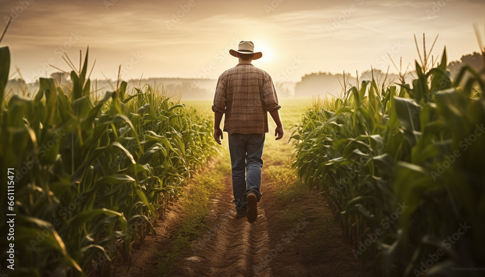 As the sun rises, a farmer takes a peaceful stroll through a vast cornfield, with a grain silo standing tall in the distance. - obrazy, fototapety, plakaty 