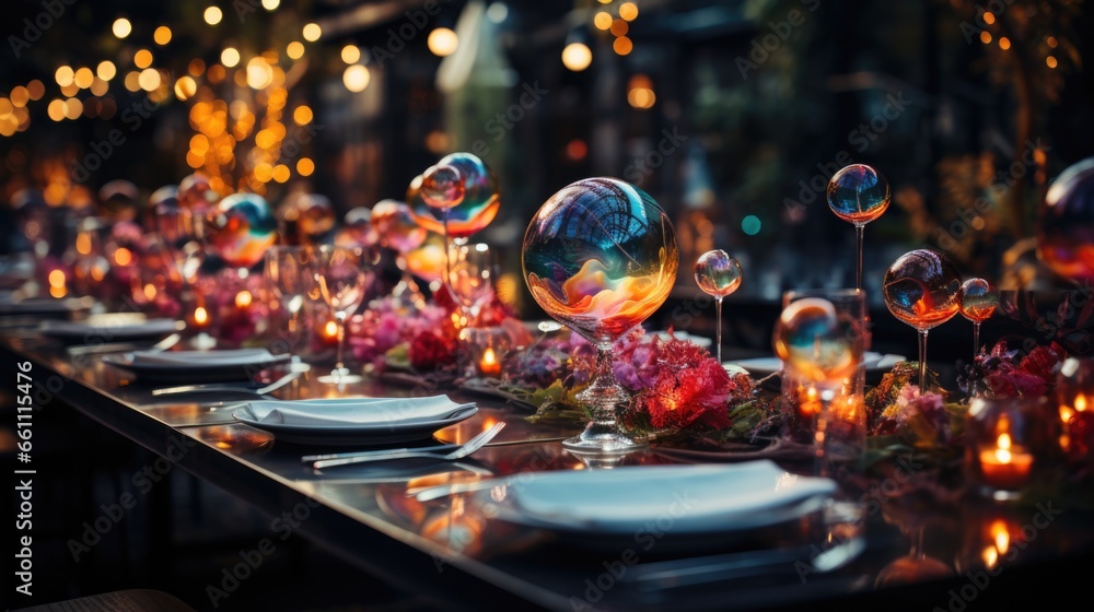 Decorated table in a restaurant with crystal ball and flowers. Table setting in a restaurant with crystal ball and flowers on the table. Decorated table in a restaurant with crystal ball and flowers. Table setting in a restaurant with crystal ball and flowers on the table.
