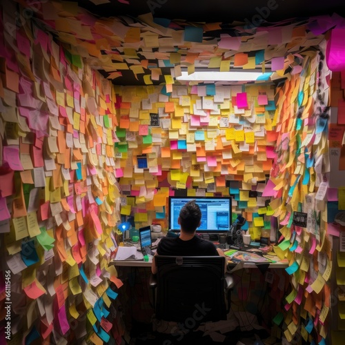 Man working in office with many colorful post it notes on the wall. 
