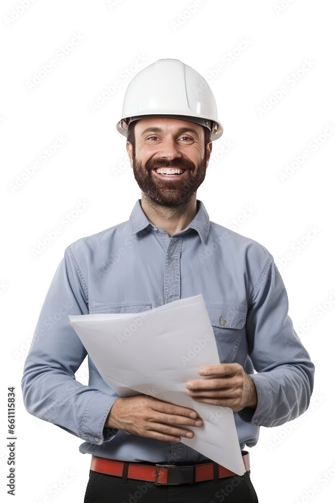 a realistic smiling architect man with folder and helmet for the team of a website.isolated on transparent background,generative ai a realistic smiling architect man with folder and helmet for the team of a website.isolated on transparent background,generative ai