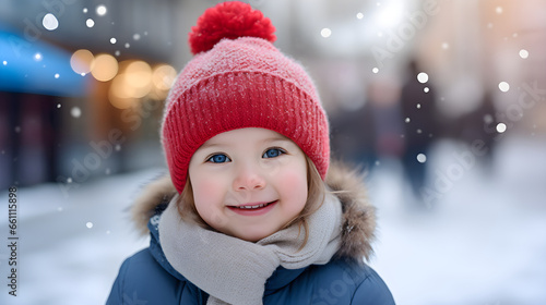 A little girl toddler with blue eyes and a red beanie and scarf smiling and standing in snow in the city winter snowy cold season white christmas