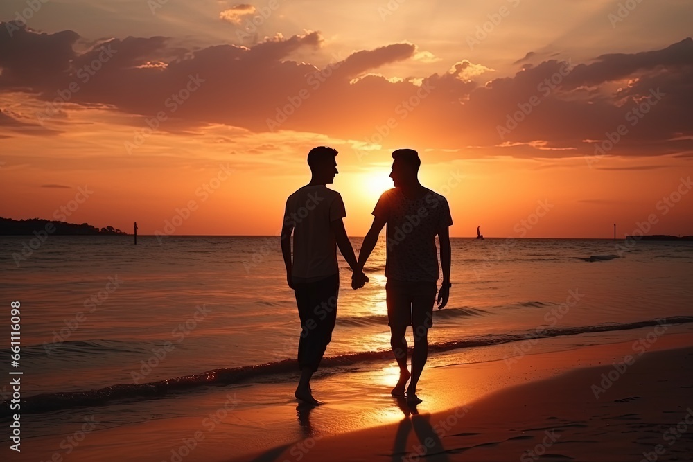 Holding hands. Loving gay couple on beach during sunset. Summer vacation together. Love, ocean, male couple walking in nature. Romantic moment of a loving couple. LGBTQ community.