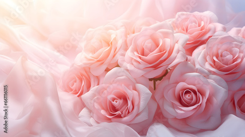 close up pink rose flower bouquet on soft fabric abstract background, Generative AI