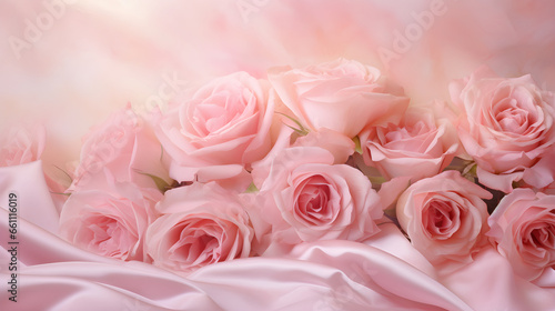 close up pink rose flower bouquet on soft fabric abstract background  Generative AI