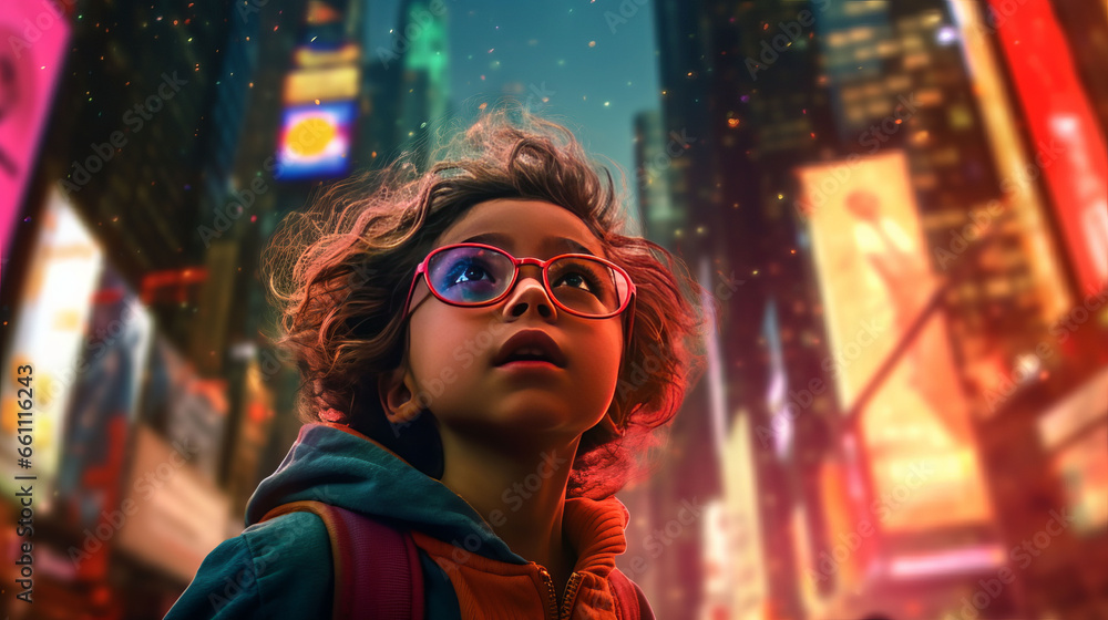 A wide shot of a child girl in sunglasses looking up at the tall buildings in Times Square.