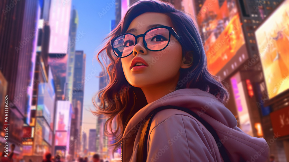 A wide shot of a cute girl in sunglasses looking up at the tall buildings in Times Square.