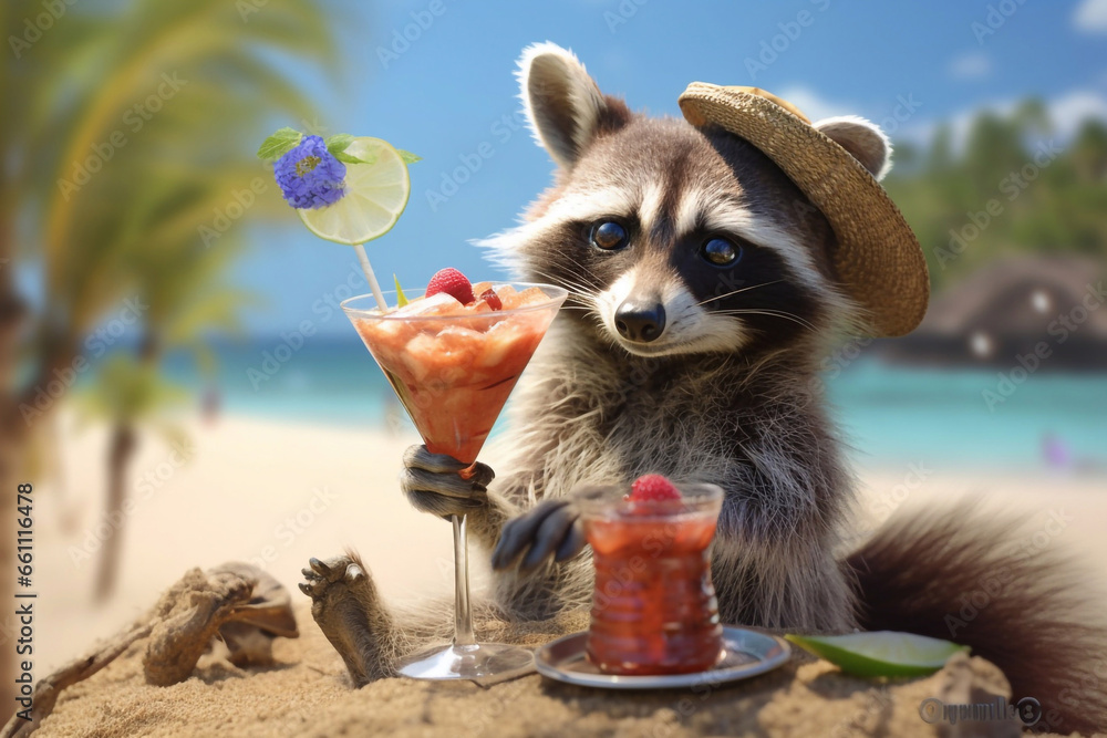 Raccoon with a cocktail on the beach. The long-awaited vacation ...
