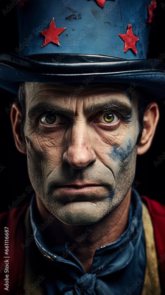 Portrait of a talented circus actor with multifaceted expression on a stage. Portrait of man in bright colors in magical circus setting. Portrait of a talented circus actor with multifaceted expression on a stage. Portrait of man in bright colors in magical circus setting.