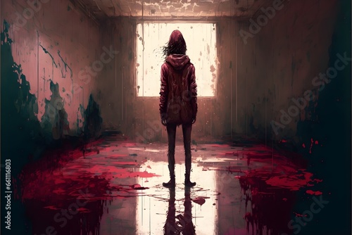 a mental patient from Ohio standing on a concrete floor low angle wet crimson paint is on the floor in the background2 masterpiece best quality official art 8k 4k high resolution illustration rule  photo