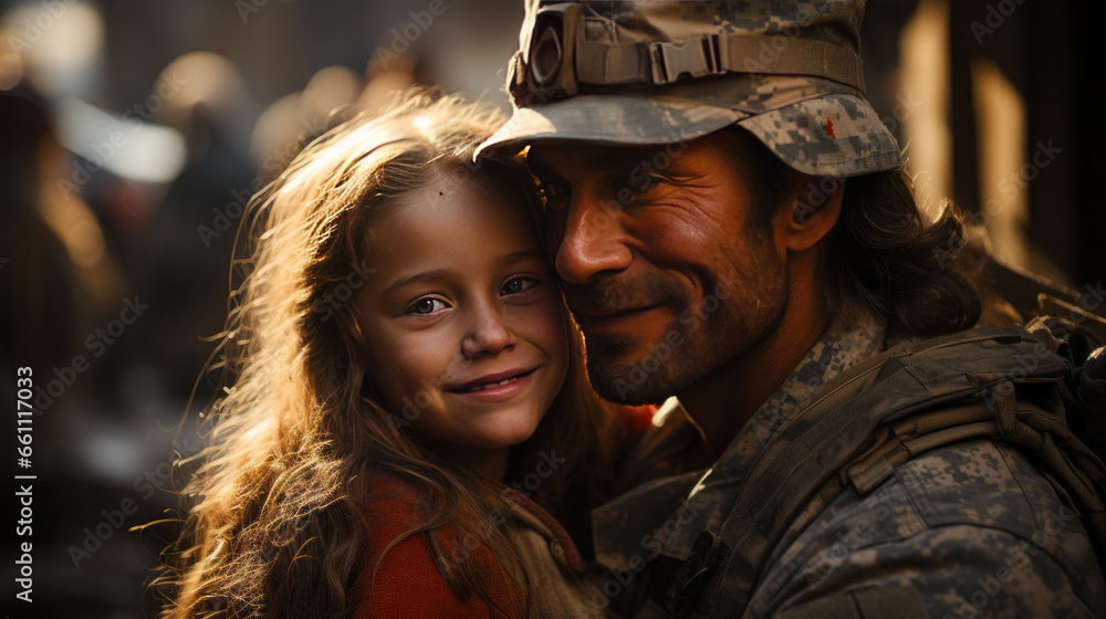 Father in full military uniform He was hugging his daughter to say goodbye to go on a mission