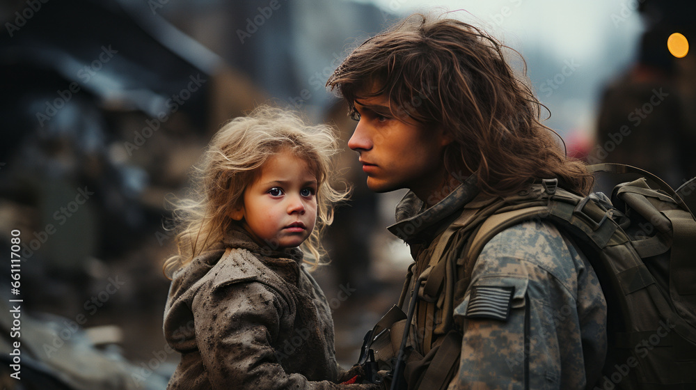 Father in full military uniform He was hugging his daughter to say goodbye to go on a mission,generative ai Father in full military uniform He was hugging his daughter to say goodbye to go on a mission,generative ai