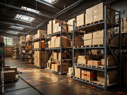 Warehouse interior with shelves and boxes, toned image, shallow depth of field. 