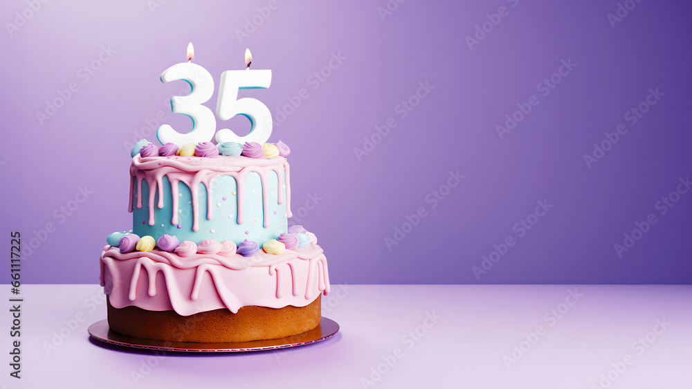 35th year birthday cake on isolated colorful pastel background