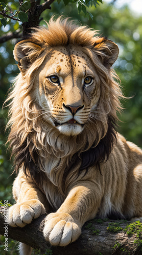 A lion cub sits on a tree branch. Generative AI