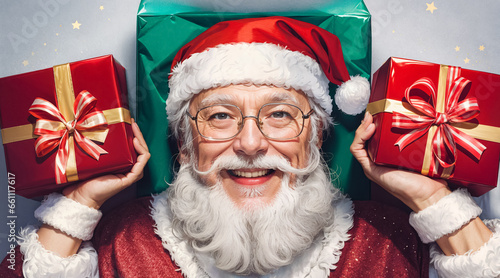 A smiling Santa Claus with a beard and glasses lies and holds a gift in each hand. Close-up. Generative AI