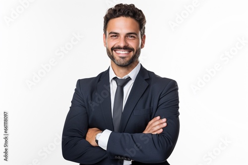 A business man stands against white background with his arms crossed.