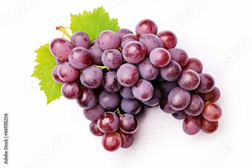 cluster of ripe grapes on white background. purple grape with green vine, isolated on white. top view or flat lay. Generative AI