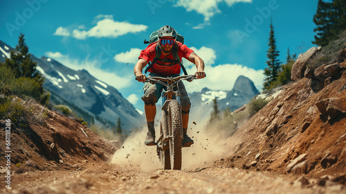 Extreme Mountain Biking: Cyclist Descending Steep Slope in Scenic Outdoors. Thrilling Descent: Mountain Biker Racing Downhill in Natural Landscape.