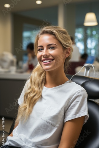 Young woman sitting in the dentist chair, created with generative AI