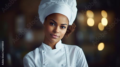 A smiling young black female chef in a kitchen setting. Portrait of a young beautiful black female chef in authentic expression. photo
