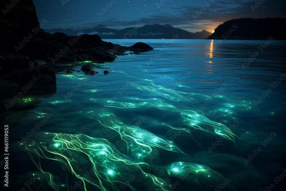 Bioluminescent Plankton Lighting Up a Dark Ocean Night.