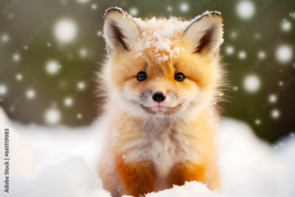 Fototapeta premium Portrait of cute red fox cub in the snow in winter time