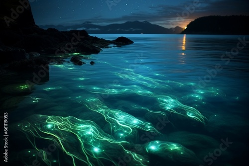 Bioluminescent Plankton Lighting Up a Dark Ocean Night.