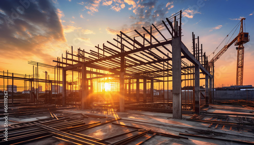 A construction site silhouetted against a picturesque sunset, where structural steel beams are being used to erect massive residential buildings, combining the beauty of nature and human ingenuity.