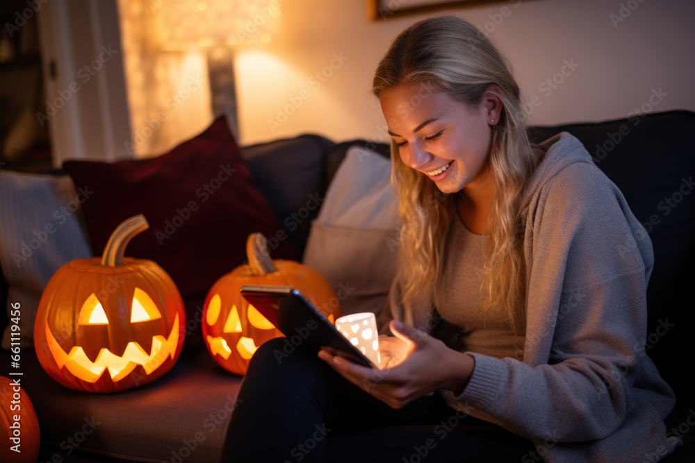 A woman takes pictures of jack-o'-lanterns on her smartphone and posts them on social media while sitting on the couch in the living room with the lights off. A woman takes pictures of jack-o'-lanterns on her smartphone and posts them on social media while sitting on the couch in the living room with the lights off.