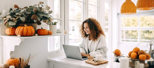 A young woman sits at a table and works on a laptop. Autumn interior of a bright kitchen.