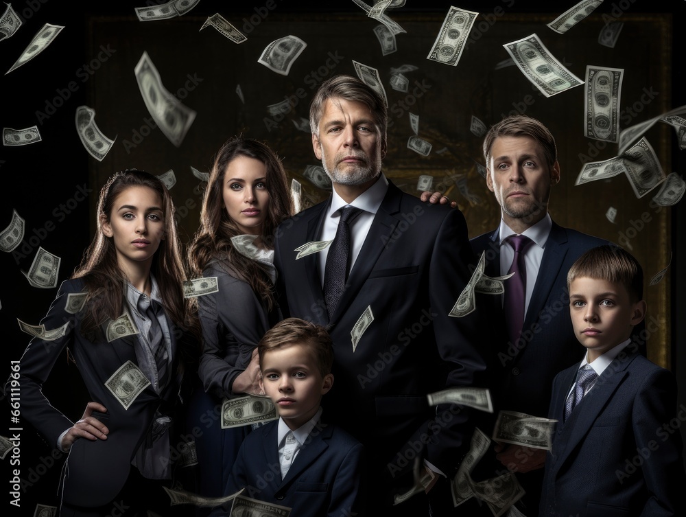 Serious and calm rich family in a business suit with a lot of banknotes flying around