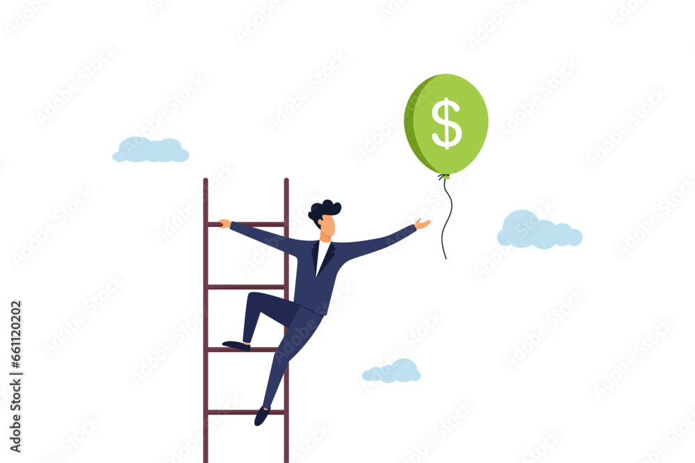 Businessman on the stairs in the clouds is trying to catch a balloon with dollar money. Achieving financial goals, a staircase of success. Ilyustration Businessman on the stairs in the clouds is trying to catch a balloon with dollar money. Achieving financial goals, a staircase of success. Ilyustration