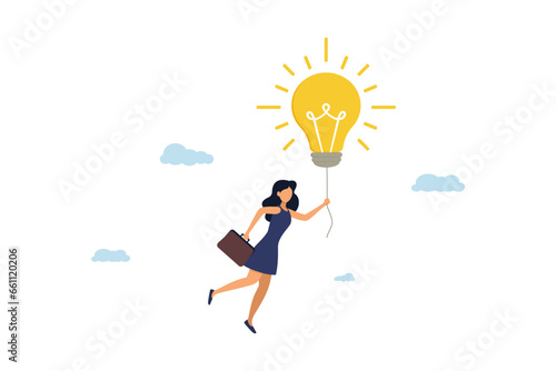Business woman floats in clouds with a light bulb. The concept of business ideas.