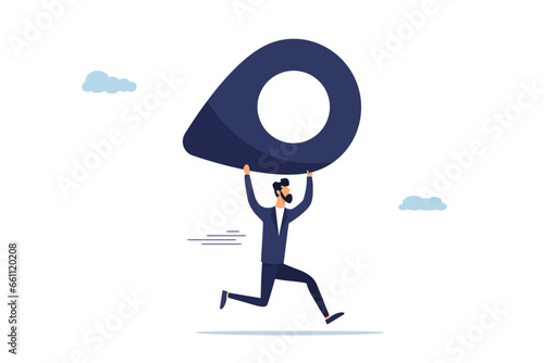 Moving office to new address concept, happy businessman carrying address pin or map mark running to new destination.