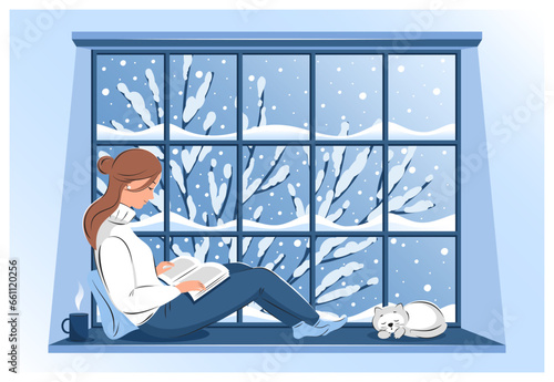 Woman reading book and sitting at the winter window. Cozy winter vector illustration
