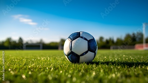 Close up of a Soccer Ball with white and blue Patterns. Blurred Football Pitch Background © drdigitaldesign