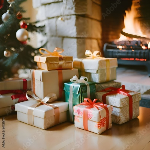 Christmas gifts and tree decorations close-up shot with bright illumination near a fireplace on a light wooden table home decor, New Year background.