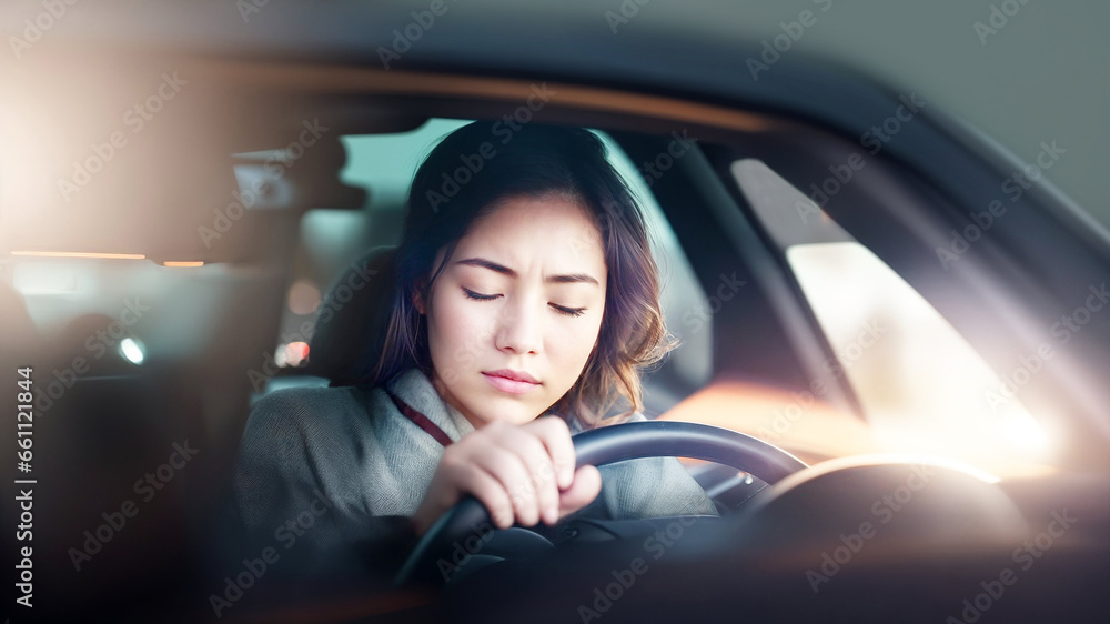 Bright light blinded the eyes of driver behind wheel of car, woman squinted, dangerous situation on road Bright light blinded the eyes of driver behind wheel of car, woman squinted, dangerous situation on road