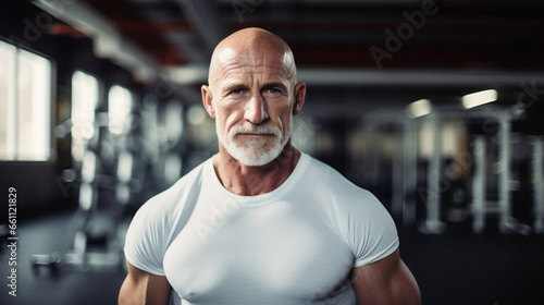 copy space, stockphoto, Portrait of senior man working out gym fitness, fitness concept. Elderly man in good shape and good health. Active elderly man. Healthy people. Good life insurance. 